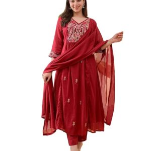 KLOSIA महिलाओं के लिए एम्ब्रॉयडरी सॉलिड अनारकली कुर्ता और पैंट सेट दुपट्टे के साथ
